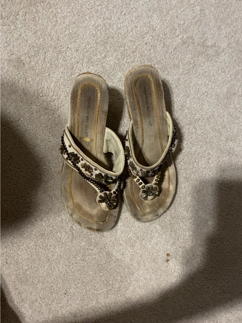 Montego Bay Club Cream Wedge Sandals with Beaded Flower Trim